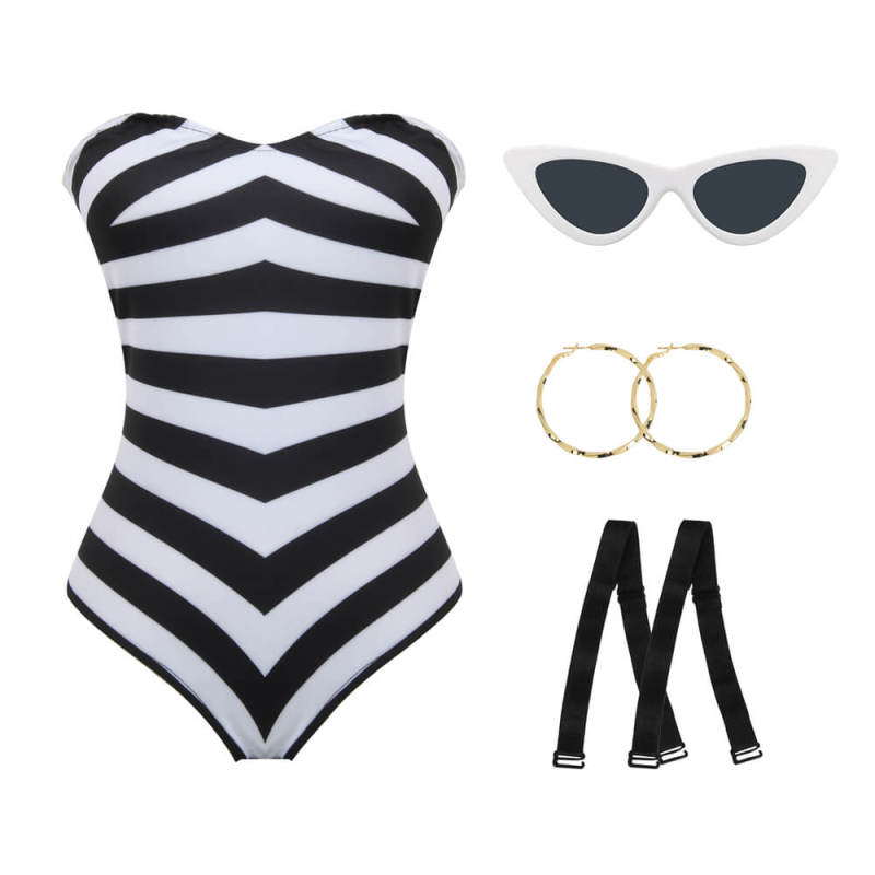 Margot Robbie 2023 Stripe Swimsuit Bathing Suit