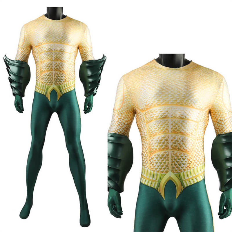 Aquaman Gold Battle Suit Arthur Curry Cosplay Costume Adults Kids Hallowcos