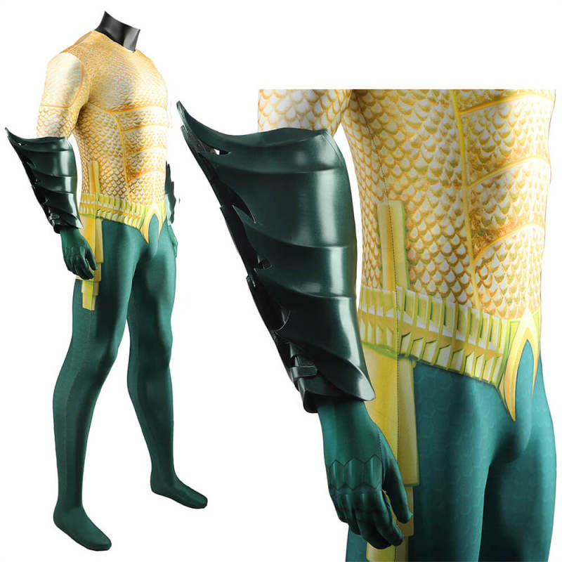 Aquaman Gold Battle Suit Arthur Curry Cosplay Costume Adults Kids Hallowcos