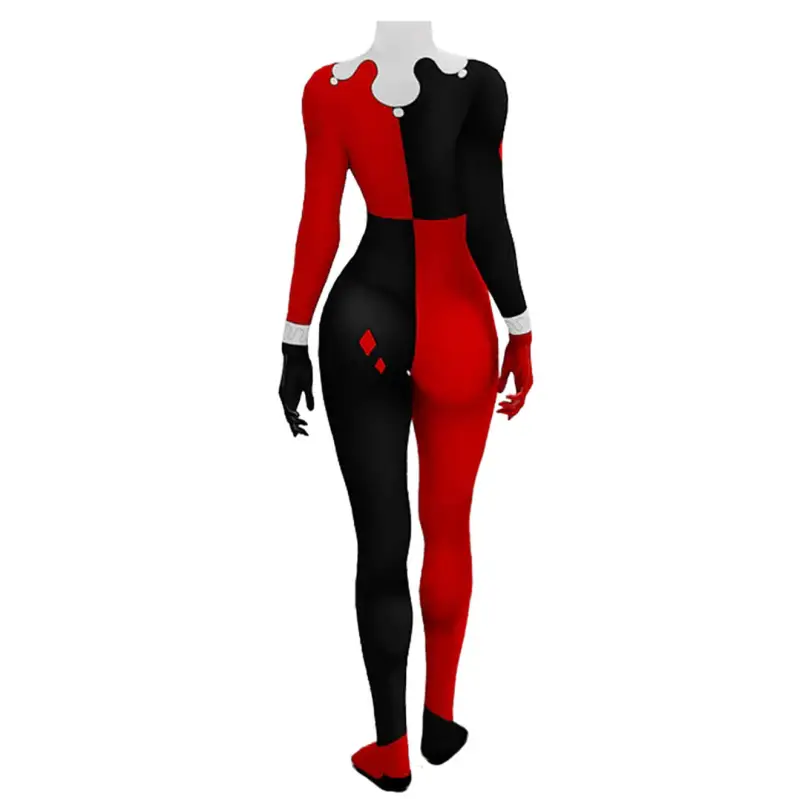 Harley Quinn Red and Black Jumpsuit Cosplay Costume Jester Suit Hallowcos
