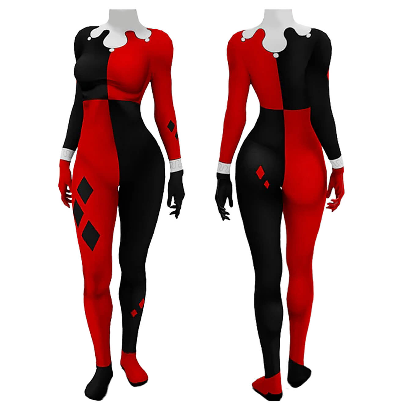 Harley Quinn Red and Black Jumpsuit Cosplay Costume Jester Suit Hallowcos