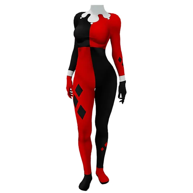 Harley Quinn Red and Black Jumpsuit Cosplay Costume Jester Suit Hallowcos
