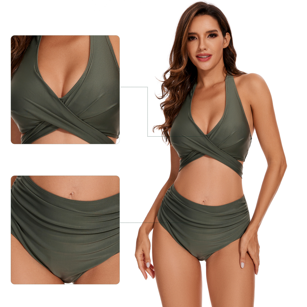 SUNBIKI Womens High Waisted Bikini Sets Ruched Tummy Control Bathing Suits V Neck Cute Halter 2 Piece Swimsuits