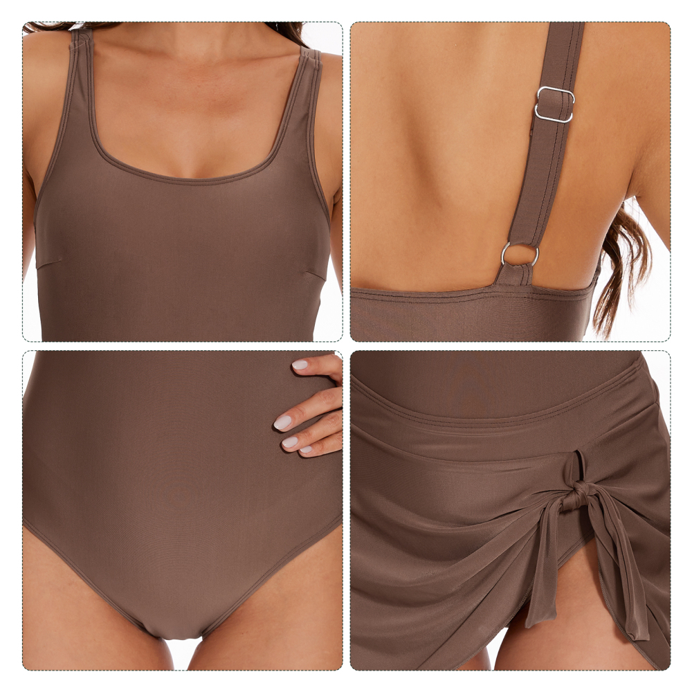 SUNBIKI Women's One Piece Swimsuits with Cover Up Skirt Tummy Control Swimdress Scoop Neck Swim Dresses Bathing Suit