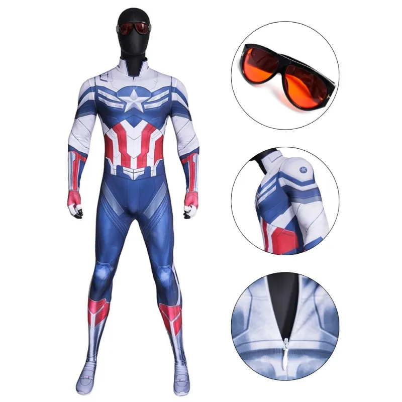 Captain America: Brave New World Sam Wilson Blue White Suit Cosplay Costume Printed Style B
