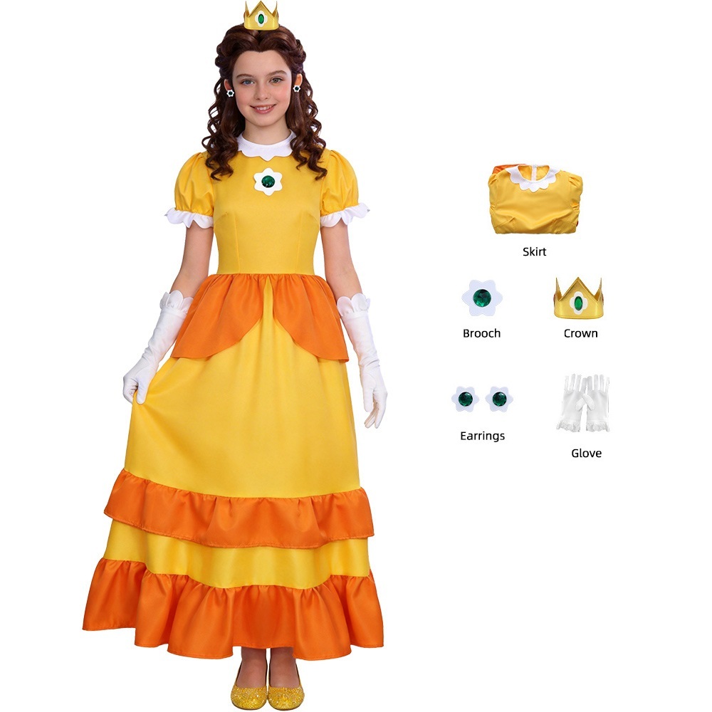 Princess Daisy Dress Super Mario Cosplay Costume For Women Kids