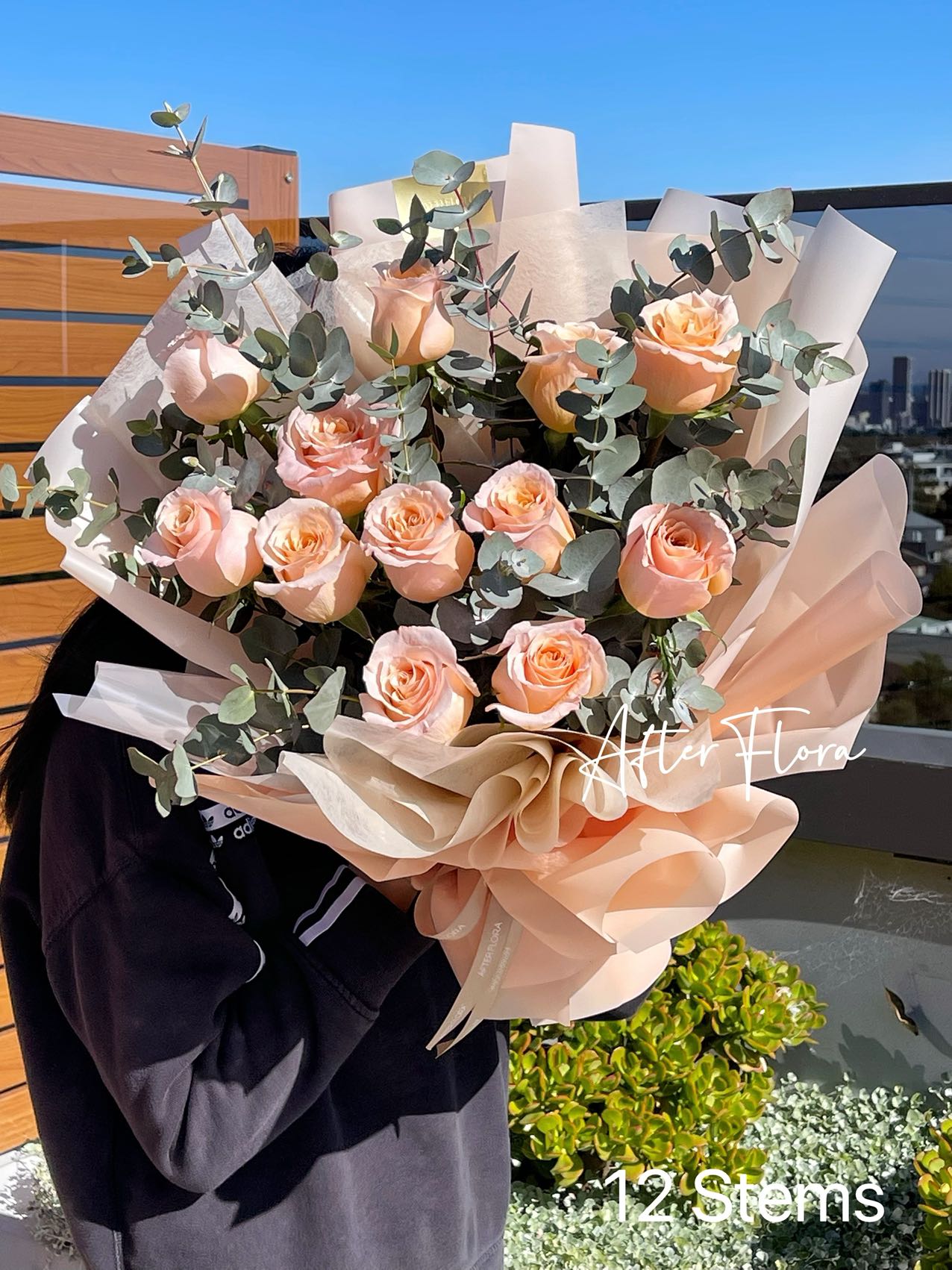 Peach Roses with Eucalyptus