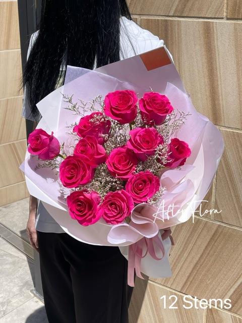 Hot Pink Roses with Misty