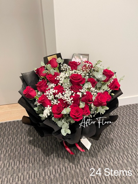 Red Roses&Baby's breath with Eucalyptus