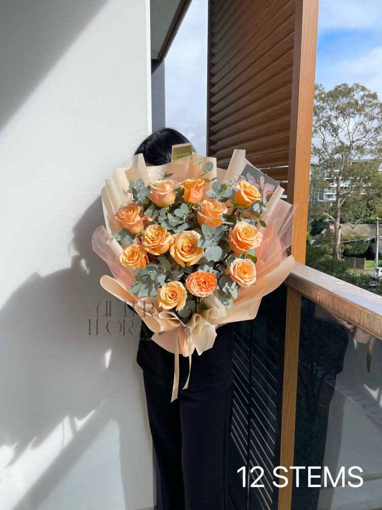 Peach Roses with Eucalyptus