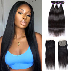 10A Straight Bundle deal with Frontal Closure Brazilian Hair Natural Black Color