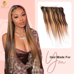 Straight Closure Human Hair 4/27# Honey Blonde Highlight Brown Ombre Color Wavy Free Part Melt Virgin Human Hair Pre Plucked With Baby Hair