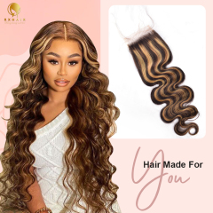 Ombre Lace Front Closure Human Hair Honey Blonde Highlight Lace Closure Cheap Body Wave Free Part With Baby Hair Brazilian Virgin Hair Pre Plucked Bleached Knots 4/27 Lace Closure