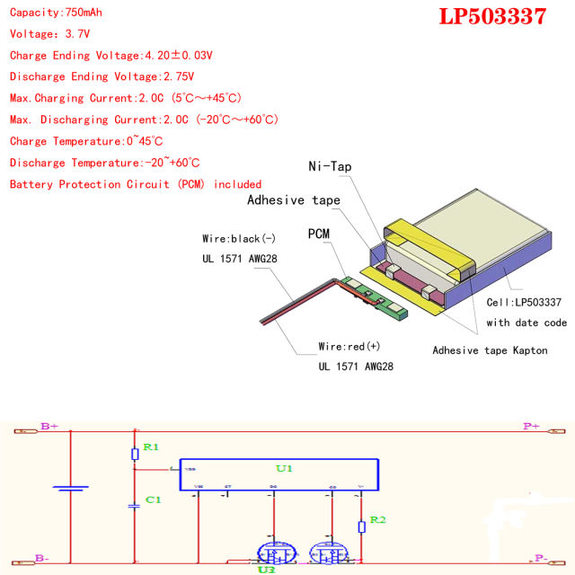 3.7V 750mAh 503337 Liter energy battery Polymer lithium ion battery for mp3 mp4 smart watch speaker video monitor
