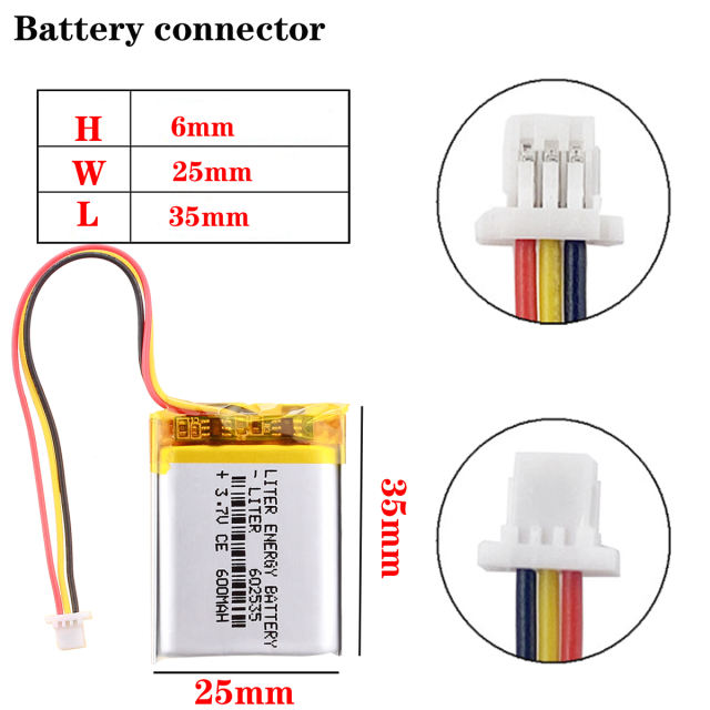 1.0mm three-wire connector 602535 3.7V 600mAh Li-Polymer Battery Liter energy battery for GPS Car DVR Tachograph headphones