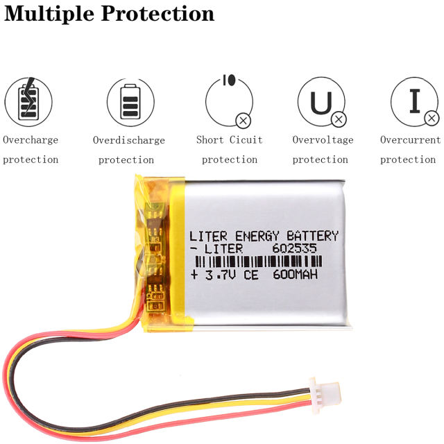 1.0mm three-wire connector 602535 3.7V 600mAh Li-Polymer Battery Liter energy battery for GPS Car DVR Tachograph headphones