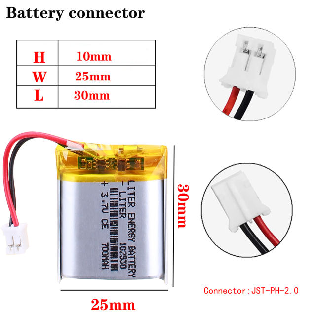 3.7V polymer lithium battery 102530 700mah Liter energy battery beauty equipment electronic gift battery With 2pin PH 2.0mm connector