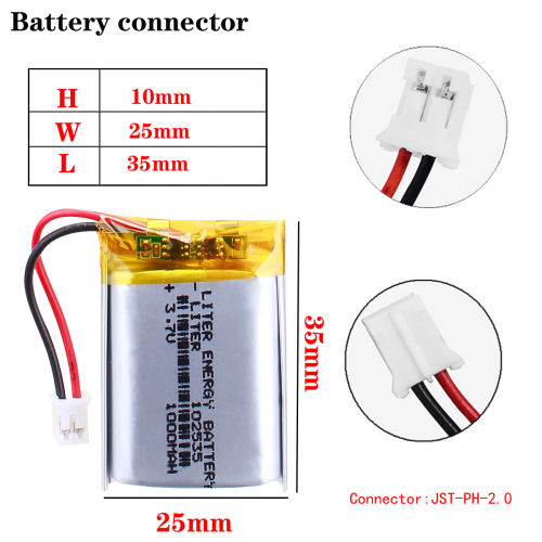 102535 3.7v 1000mAh polymer lithium battery for earphone headset car drive recorder With 2pin PH 2.0mm Plug