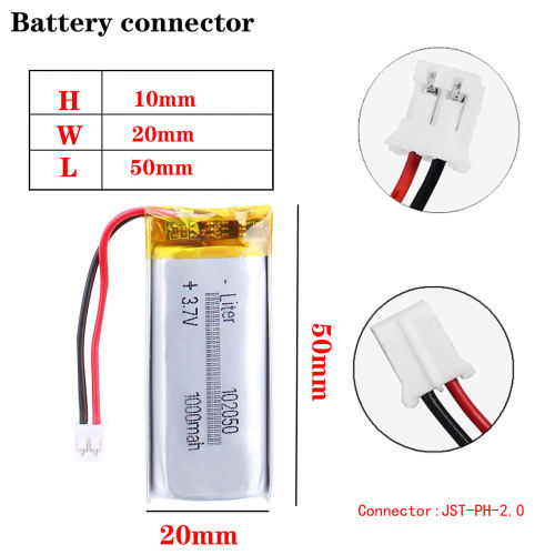 3.7V 102050 1000mAh BIHUADE lithium polymer Rechargeable battery For Bluetooth Headset Speaker With 2pin PH 2.0mm connector