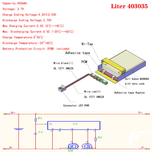 403035 450mAh 3.7V Liter energy battery Li-ion Lithium Polymer Battery for MP5  Toys Smart Watch With 2pin PH 2.0mm Plug