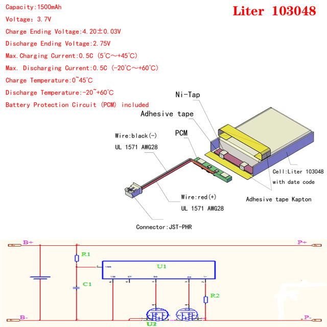 3.7V 1500mAh 103048 BIHUADE polymer Lithium Battery For Early Education Machine Bluetooth Headset  With 2pin PH 2.0mm Plug