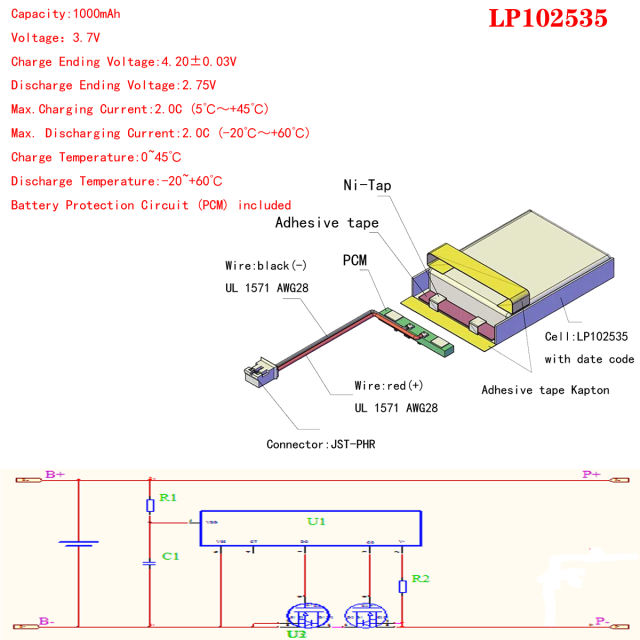 102535 3.7v 1000mAh polymer lithium battery for earphone headset car drive recorder With 2pin PH 2.0mm Plug