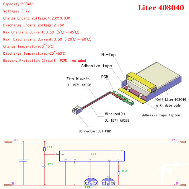 polymer Lithium Ion Battery 3.7 V 500mah 403040 Liter energy