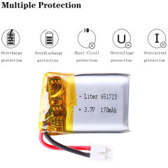 3.7V 170mAh 651723 Rechargeable li Polymer Battery For bluetooth headset speaker mouse recorder wristband With 2pin PH 2.0mm Plug