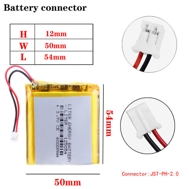 3.7V polymer battery 125054 4000mAh infrared signal device video communication transmitter module With 2pin PH 2.0mm Plug