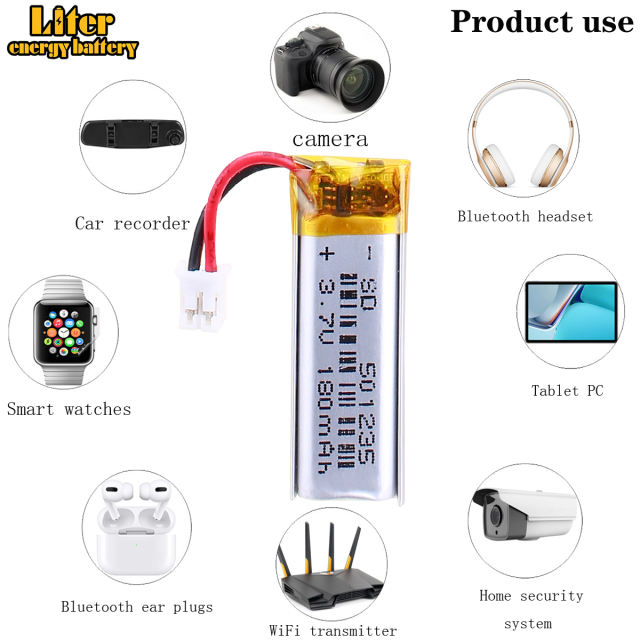 501235 3.7v 180mah Liter energy battery Lithium Polymer Battery For Gps Digital Products With 2pin PH 2.0mm Plug