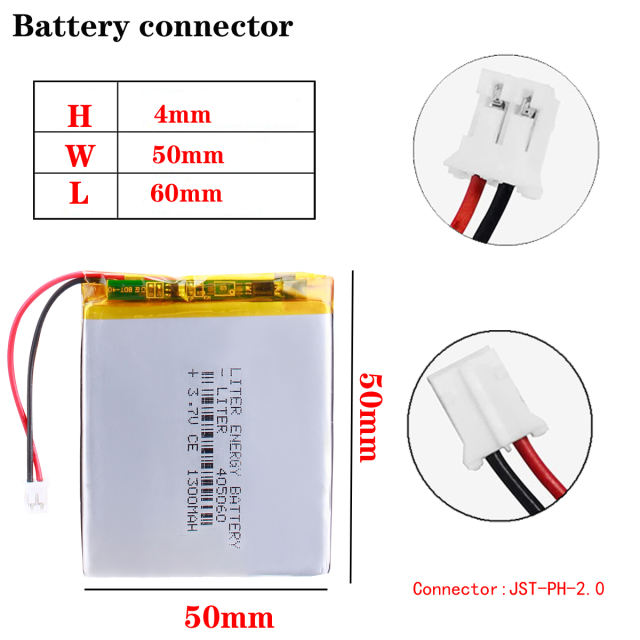 3.7V 405060 1300mah Lithium Polymer Rechargeable Battery For Tachograph Bluetooth speaker Toy LED Lamp With 2pin PH 2.0mm Plug