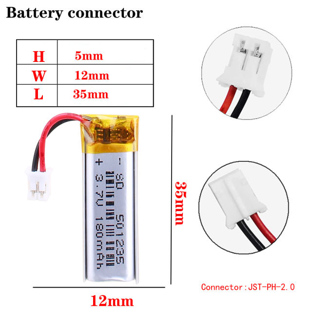 501235 3.7v 180mah Liter energy battery Lithium Polymer Battery For Gps Digital Products With 2pin PH 2.0mm Plug