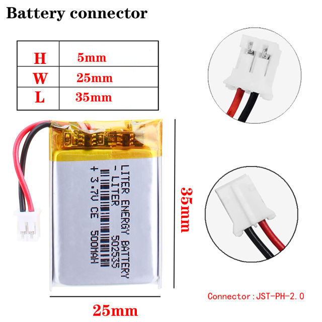 3.7 V  502535 500MAH Polymer lithium battery CE FCC ROHS MSDS quality certification With 2pin PH 2.0mm Plug