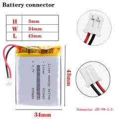 503443 3.7V 800mah Lithium polymer Battery For GPS DVD Toy LED Light Headphone With 2pin PH 2.0mm Plug