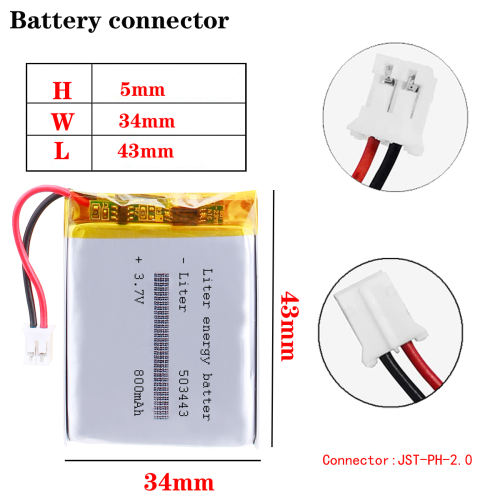 503443 3.7V 800mah Lithium polymer Battery For GPS DVD Toy LED Light Headphone With 2pin PH 2.0mm Plug