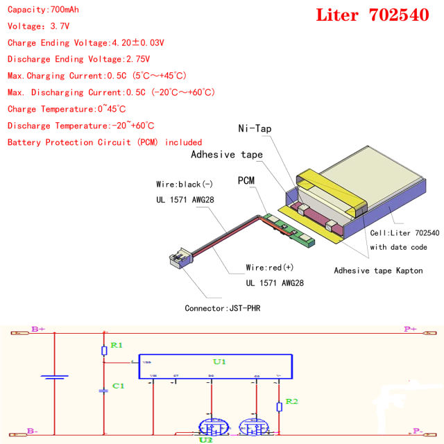 3.7V 702540 700mAh Rechargeable Li-ion Battery For bluetooth headset MP3 MP4 speaker mouse recorder With 2pin PH 2.0mm Plug