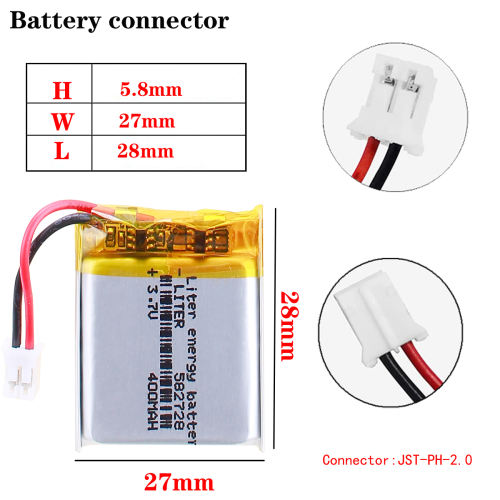 3.7V 582728 400mAh Lithium Polymer Rechargeable Battery For Q50 G700S K92 G36 Y3 Smart Watch MP3 Headset With 2pin PH 2.0mm Plug