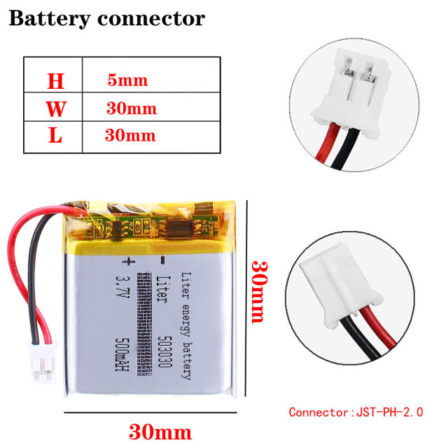 503030 3.7v 500mah Lithium Polymer Rechargeable Battery for recorder video Camera bluetooth speaker With 2pin PH 2.0mm Plug