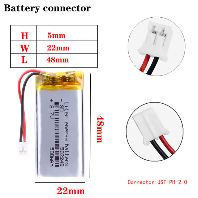BIHUADE 3.7V 502248 500MAH polymer lithium battery Rechargeable Battery For MP3 MP4 GPS PDA With 2pin PH 2.0mm Plug