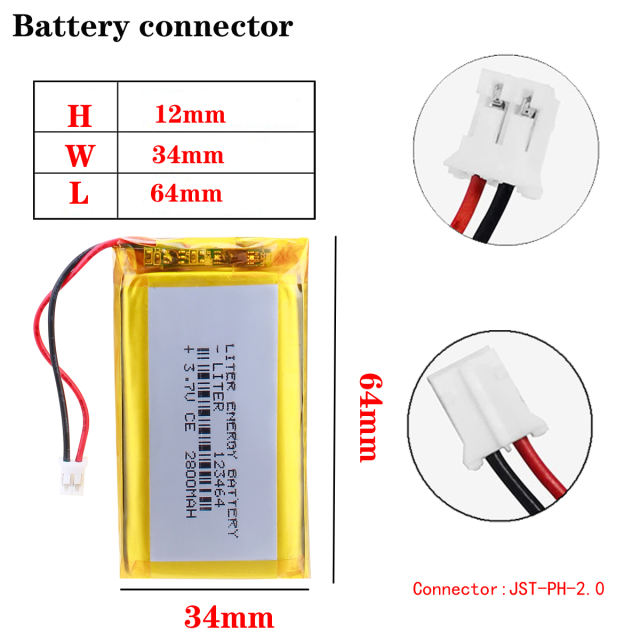 123464 3.7V 2800mAh Rechargeable li Polymer Battery For powr Bank GPS navigation camera phone With 2pin PH 2.0mm Plug