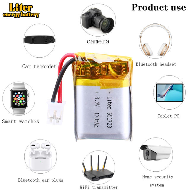 3.7V 170mAh 651723 Rechargeable li Polymer Battery For bluetooth headset speaker mouse recorder wristband With 2pin PH 2.0mm Plug