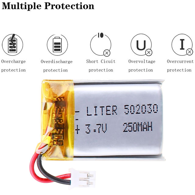 3.7V 502030 250mah Lithium Polymer Rechargeable Battery For bluetooth headset  LED Lamp Camera With 2pin PH 2.0mm Plug