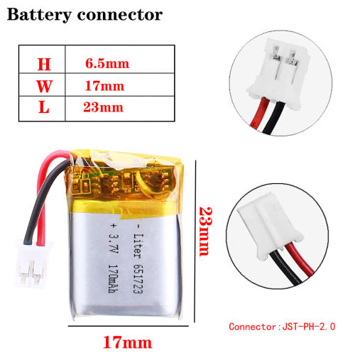3.7V 170mAh 651723 Rechargeable li Polymer Battery For bluetooth headset speaker mouse recorder wristband With 2pin PH 2.0mm Plug