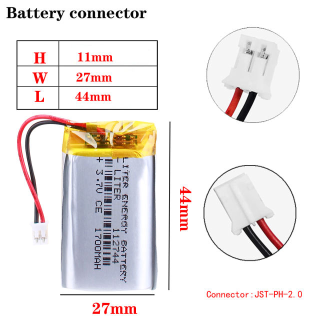 3.7V 112744 1700mAH Liter energy battery polymer lithium batteries For GPS Camera intercom With 2pin PH 2.0mm Plug