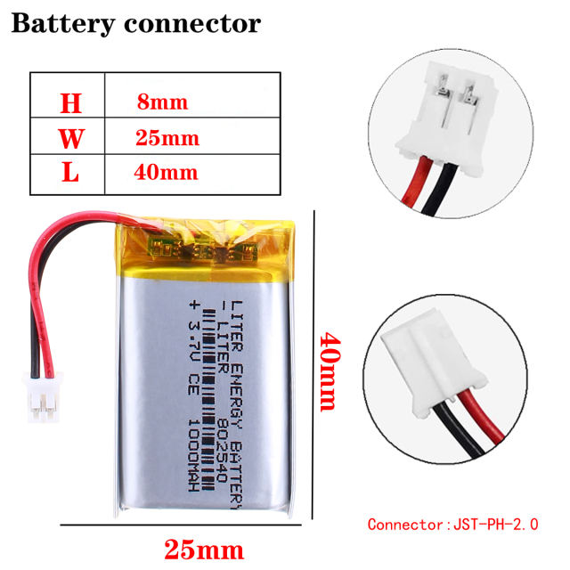 3.7v 802540 1000MAH polymer lithium battery For headlamp flashlight child toy bluedio t5 headset With 2pin PH 2.0mm Plug