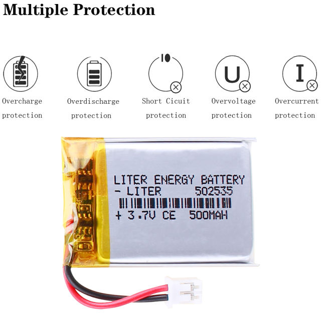 3.7 V  502535 500MAH Polymer lithium battery CE FCC ROHS MSDS quality certification With 2pin PH 2.0mm Plug