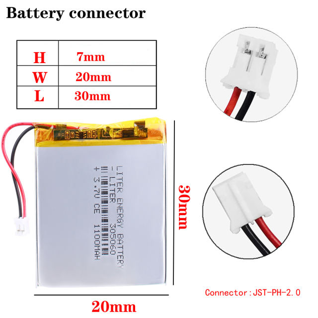 305060 3.7V polymer lithium battery 1100mah Liter energy battery MP4 MP3 Bluetooth small toys With 2pin PH 2.0mm Plug