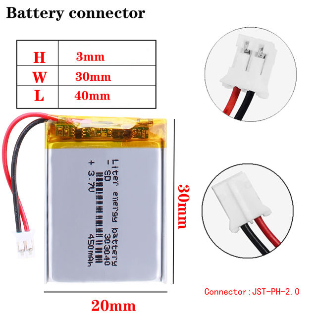 3.7V 303040 450mah Liter energy battery lithium-ion polymer battery quality goods quality of CE FCC ROHS certification authority With 2pin PH 2.0mm Plug
