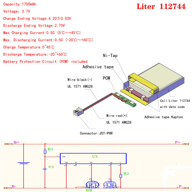 3.7V 112744 1700mAH Liter energy battery polymer lithium batteries For GPS Camera intercom With 2pin PH 2.0mm Plug