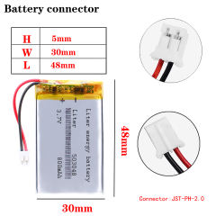 3.7V 503048 800MAH Liter energy battery lithium polymer Battery For GPS wireless stereo headset tablet battery With 2pin PH 2.0mm Plug